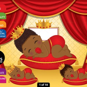 Baby Prince Clipart, Newborn, Royal Red, Baby Shower, Little Prince, Black Baby Boy, Afro Boy PNG, African American, Sleeping Baby Clip Art