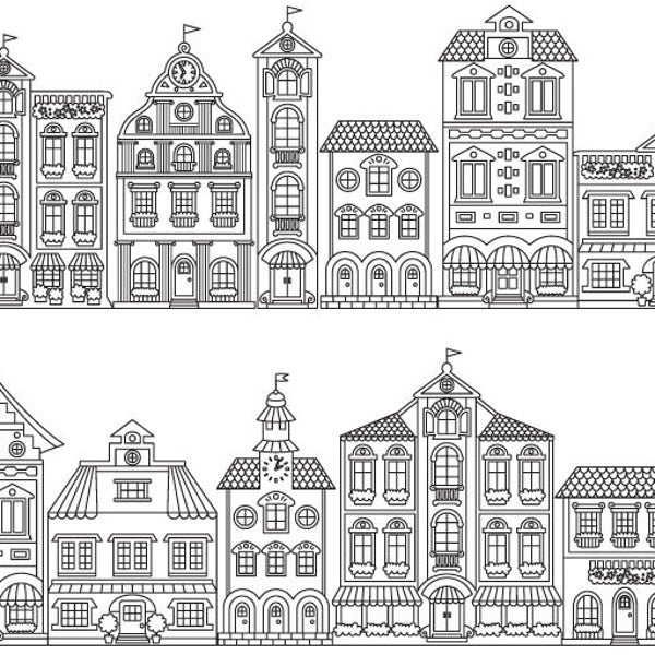 Houses Clipart - Digital Vector Houses, Home, House, City, Town, Black White House Clip Art