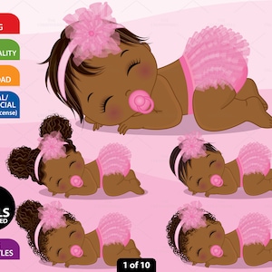 Black Baby Girl Clipart, Vector Newborn, Pink Baby, Baby Shower, Ruffle Pants, African American PNG, Black Sleeping Baby Girl Clip Art