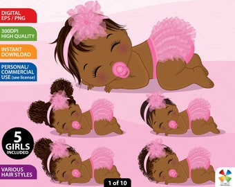 Black Baby Girl Clipart, Vector Newborn, Pink Baby, Baby Shower, Ruffle Pants, African American PNG, Black Sleeping Baby Girl Clip Art