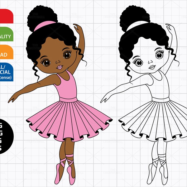 Ballerina svg, Ballet Clipart, Cute Girl SVG, Dancing Girl svg, African American, Tutu Cutting Files, Cute Girl PNG, SVG Files for Cricut