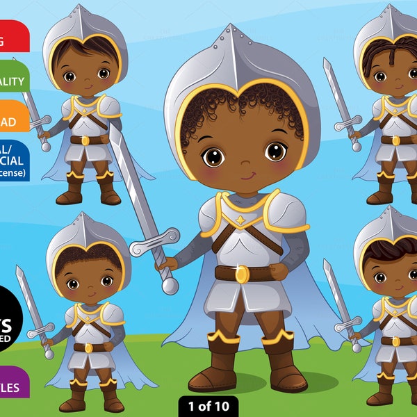 Knight Clipart, Vector Fairy Tale, Brave Prince, Character, African American, Black Boy PNG, Armor, Sword, Little Afro Knight Clip Art