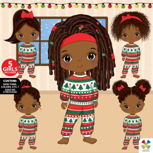 Weihnachten Mädchen Clipart, Vektor kleines Mädchen, Puppe, Afro Charakter, Winter, schwarzes Kind, Kleinkind PNG, stricken, Weihnachten Pyjama, Afro Kid Clip Art