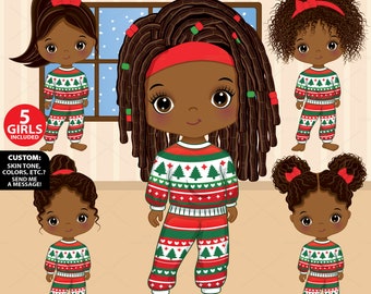 Christmas Girl Clipart, Vector Little Girl, Doll, Afro Character, Winter, Black Child, Toddler PNG, Knit, Xmas Pyjama, Afro Kid Clip Art