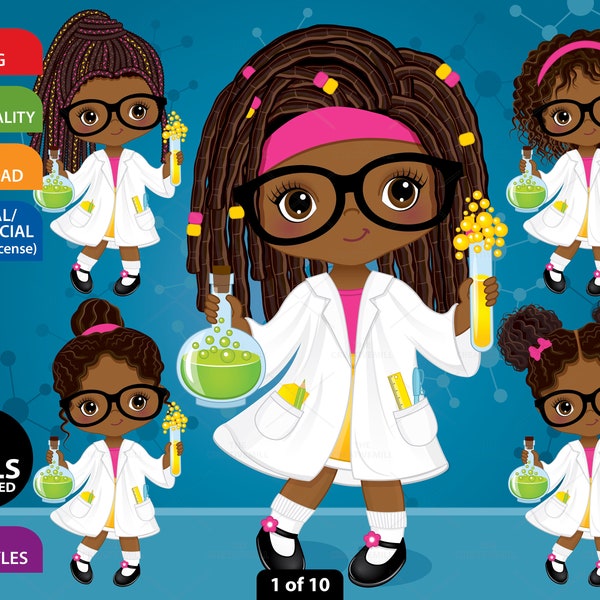 Little Scientist Clipart, Vector Chemistry, Afro Student PNG, Science, Research, Learning Black Kid, Laboratory, Cute Girl, Teacher Clip Art