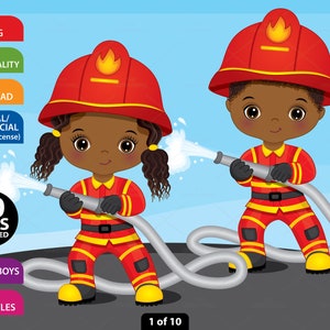 Firefighter Clipart, Vector Fireman, Afro Little Boy, Girl, Fire Hose, PNG Cute Kid, Child, Occupation Clipart, African American Clip Art