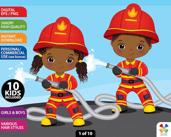 Firefighter Clipart, Vector Fireman, Afro Little Boy, Girl, Fire Hose, PNG  Cute Kid, Child, Occupation Clipart, African American Clip Art 