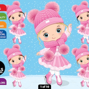 Eislaufen Mädchen Clipart, Vector Little Girl, Puppe, Charakter, Weihnachten, Winterkind, Kleinkind PNG, Strick outfit, Cool Kid Clip Art