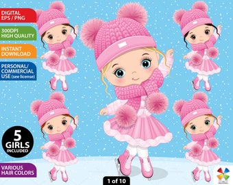 Ice Skating Girl Clipart, Vector Little Girl, Doll, Character, Christmas, Winter Child, Toddler PNG, Knit, Pom Outfit, Cool Kid Clip Art
