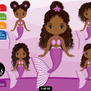 Purple Mermaid Clipart - Vector Mermaid, Fish Girl Clipart, Cute Black Mermaid Clipart, Afro Mermaid Clipart, African American PNG Mermaid