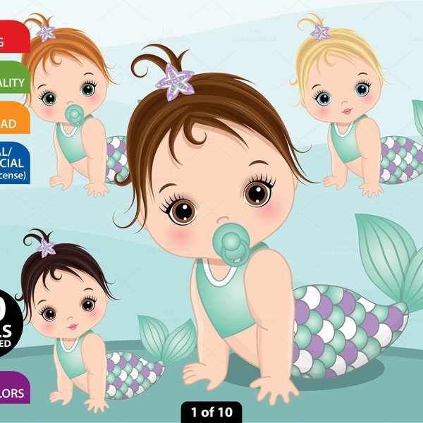 Cute Baby Mermaid Clipart, Vector Newborn, Baby Girl, Purple, Turquoise, Baby Shower, Sublimation Graphics, Toddler PNG, Baby Girl Clip Art