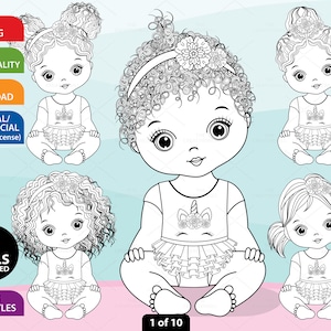 Unicorn Baby Girl Clipart, Vector Unicorn, Baby Coloring, Afro Newborn, Cute Toddler PNG, Stamp, Black & White, African American Clip Art