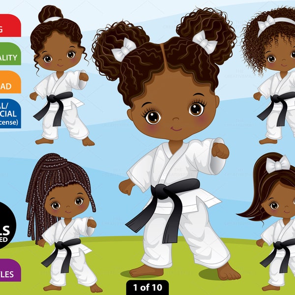 Karate Girl Clipart, Vector Sport Girl, Little Girl PNG, Karate PNG, Character, Children, African American, Black Belt, Karate Kid Clip Art