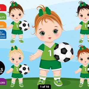 Clipart de bebê menina de futebol, vetor de futebol, linda garota, esporte bebê de 1 ano, criança PNG, caucasiano, verde, loiro, infantil, criança clipart