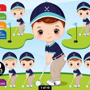 Golf Boy Clipart, Vector Golf, Cute Blond Boy, Sport, Green, Kid Character, Toddler PNG, Caucasian Boy, Golf PNG, Sublimation Child Clip Art