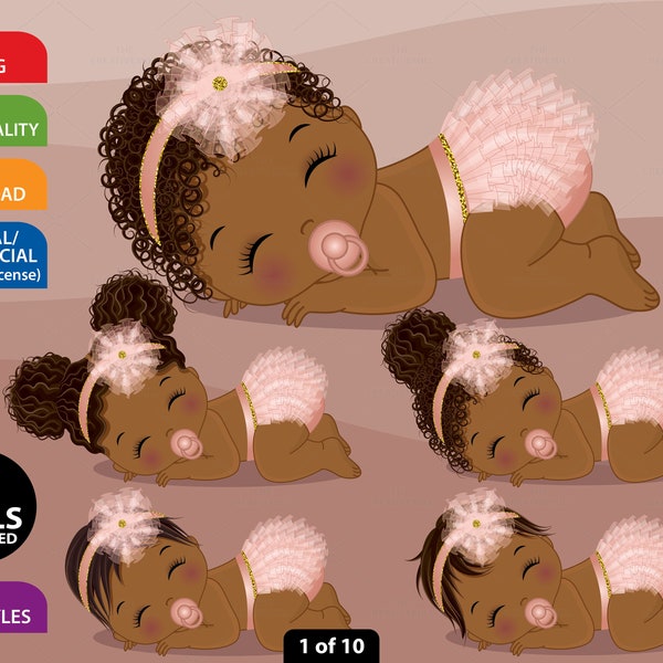 Black Baby Girl Clipart, Vector Newborn, Rose Gold Baby, Baby Shower, Ruffle Pants, African American PNG, Black Sleeping Baby Girl Clip Art