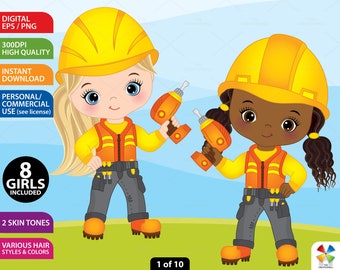 Construction Girls Clipart - Vector Construction Clipart, Girl Clipart, Construction Girls Clipart, Kids Clipart, Construction Girl Clip Art