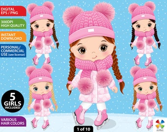 Ice Skating Girl Clipart, Vector Little Girl, Doll, Character, Plaits, Christmas, Winter Child, Toddler PNG, Pom Outfit, Cool Kid Clip Art