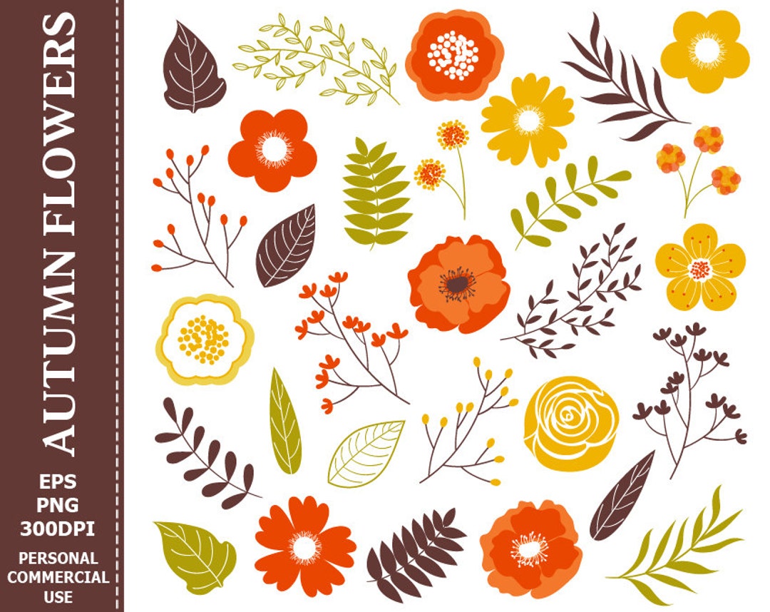 Digital Autumn Flowers Clip Art Leaves Flowers Fall - Etsy