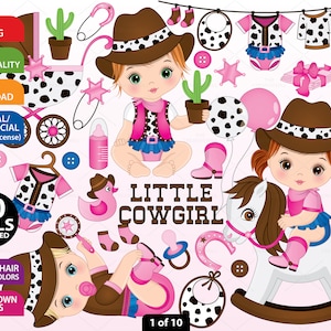 Baby Cowgirl Clipart - Vector Cowgirls Clipart, Baby Girl Clipart, Newborn Clipart, Baby Shower Clipart, Cow Girl Clipart, Western Clip Art