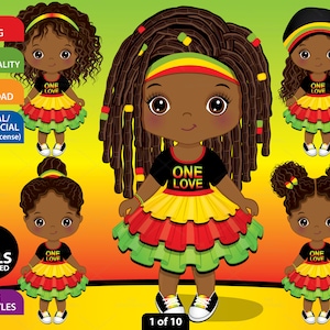 Reggae Mädchen Clipart - Vektor Rasta Clipart, Schwarzes Mädchen Clipart, Dreadlocks Clipart, Rot Gelb Grün, Sublimation, Afroamerikaner Clipart