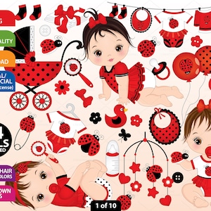 Ladybug Baby Girl Clipart - Vector Baby Clipart, Sticker Clipart, Ladybird Girl Clipart, Baby Shower Clipart, Ladybug Baby Girl Clip Art