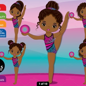 Gymnastics Clipart, Vector Gymnast, Cute Girl, Sport Kid, Character, Gymnastics PNG, Activity, African American, Sublimation, Child Clip Art