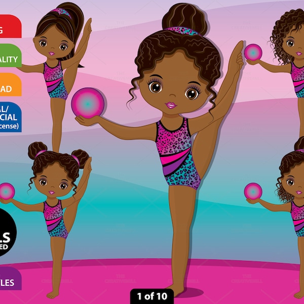 Gymnastics Clipart, Vector Gymnast, Cute Girl, Sport Kid, Character, Gymnastics PNG, Activity, African American, Sublimation, Child Clip Art