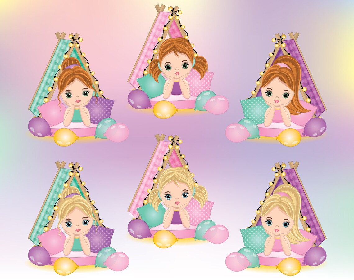 Slumber Party Clipart Vector Teepee Sleepover Pastel Hair | Etsy