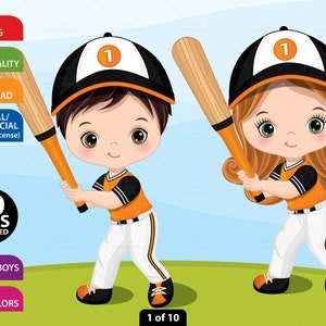 Baseball Clipart, Vektor Baseball, Junge und Mädchen, Spielen Baseball, kaukasisch, Sport Kinder PNG, Sublimation, Schwarz, Orange, Kinder Clip Art