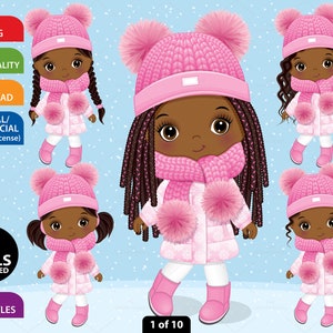 Süßes WinterMädchen Clipart, Vector Little Girl, Puppe, Afro Charakter, Weihnachten, Schwarzes Kind, Kleinkind PNG, Strick Outfit, Cool Kid Clip Art