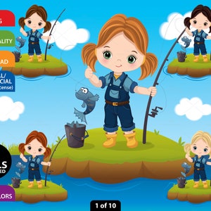 Fishing Girl Clipart, Vector Gone Fishing, Fisherwoman PNG, Fathers Day, Dad Clipart, Fisherman, Character, Cartoon, Kid Fishing Clip Art
