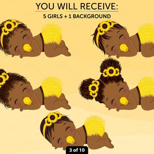 Baby shower clipart set of 5 cute sleeping African American baby girls, yellow background, PNG and vector. Black girls wear yellow ruffled diaper and sunflower headband. Little dolls with pacifier and various hairstyles: curly, afro puffs, straight.