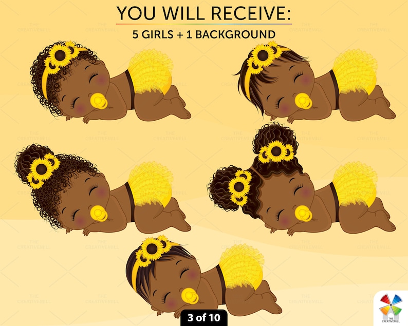 Baby shower clipart set of 5 cute sleeping African American baby girls, yellow background, PNG and vector. Black girls wear yellow ruffled diaper and sunflower headband. Little dolls with pacifier and various hairstyles: curly, afro puffs, straight.