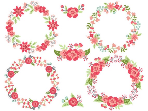 Floral Wreath Clipart Digital Vector Flowers Wedding Etsy