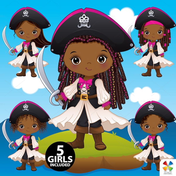 Pirate Girl Clipart, Vector Kids Adventure, Pirate Princess, African American PNG, Afro Pirate Girl, Sword, Black Girl, Pirate Hat Clip Art