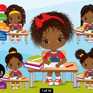 School Black Girl Clipart, Vector School Kid, African American, Study, Afro Student, Girl Sitting at Desk, PNG Pupil, Character Clip Art