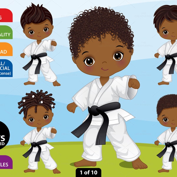Karate Boy Clipart, Vector Sport Boy, Fighting Boy PNG, Karate PNG, Character, Children, African American, Black Belt, Karate Kid Clip Art