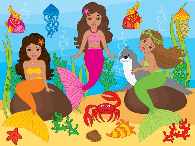 Clip Art Mermaids Clip Art African American Mermaid Clipart Digital Vector Mermaid Underwater Art Collectibles