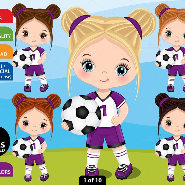 Soccer Girl Clipart, Vector Football, Cute Little Girl, Sport, Infant, Character, Toddler PNG, Caucasian Kid, Purple Uniform, Child Clip Art