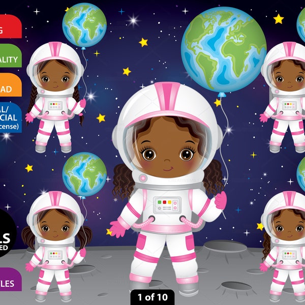 Girl Astronaut Clipart, Vector Outer Space, African American, Little Astronaut PNG, Moon, Stars, Cute Girl, Toddler, Black Girl Clip Art