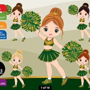Green Gold Cheerleader Clipart, Vector Pom, Sport, Cheerleader PNG, Caucasian Girl, Sport Girl Character, Sublimation, Cheerleader Clip Art