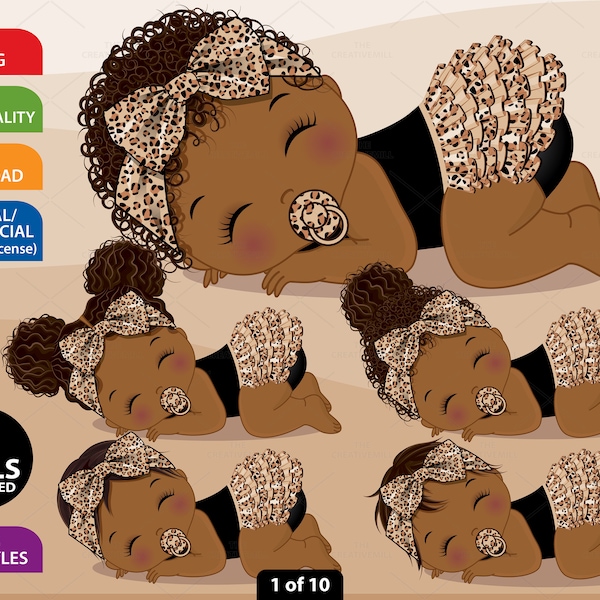 Black Baby Girl Clipart, Vector Newborn, Leopard Baby, Baby Shower, Pantalon à volants, PNG afro-américain, Animal Print, Wild Baby Clip Art