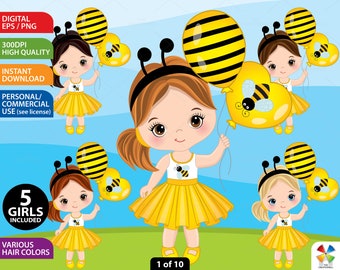 Bee Clipart - Vector Bee Clipart, Girl Clipart, Bee Girls Clipart, Little Girl Clipart, Sticker Clipart, Bee Clipart, Bee Girls Clip Art