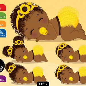 Newborn clipart set of 5 cute sleeping African American baby girls, yellow background, PNG and vector. Black girls wear yellow ruffled diaper and sunflower headband. Little dolls with pacifier and various hairstyles: curly, afro puffs, straight, bun.
