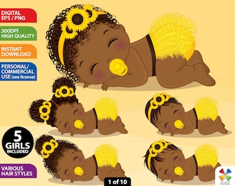 Sunflower Baby Girl Clipart - Vector Newborn, Yellow Baby Clipart, Ruffled Diaper Clipart, African American, PNG Sleeping Baby Clip Art