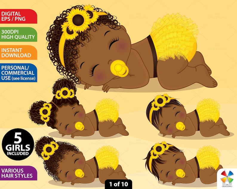 Newborn clipart set of 5 cute sleeping African American baby girls, yellow background, PNG and vector. Black girls wear yellow ruffled diaper and sunflower headband. Little dolls with pacifier and various hairstyles: curly, afro puffs, straight, bun.