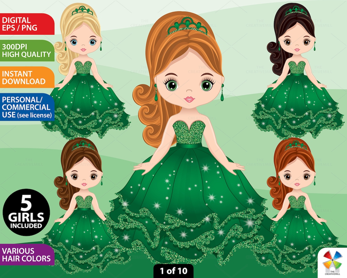 Quinceanera Clipart Vector Princess Gown Green Dress Queen Etsy