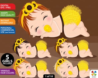 Sunflower Baby Girl Clipart, Vector Newborn, Yellow Baby, Autumn, Fall, Ruffled Diaper Clipart, Character, PNG Sleeping Baby Clip Art