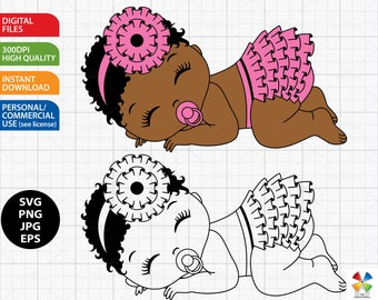 Baby Girl SVG, Sleeping Baby Clipart, Vector Baby Girl, Ruffle Pants, African American Baby, Newborn, Baby Shower PNG, SVG Files for Cricut